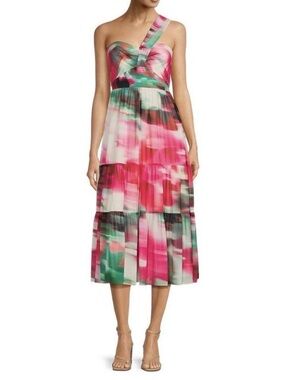 NWT Belle Badgley Mischka Remi Georgette One Sleeve Pink Multi Midi Dress